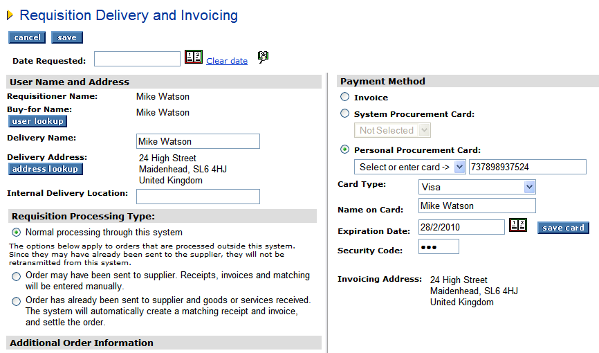 Fig 9.8 - Requisition delivery and invoicing page showing masked personal PCard CVV2.png